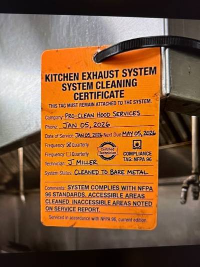 Hood/duct cleaning tag current (NFPA 96)?