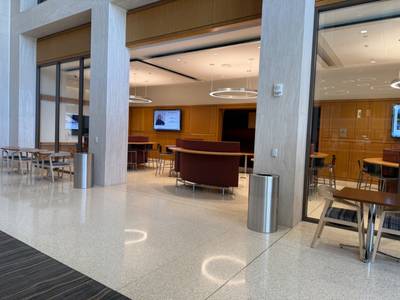 College commons seating area with terrazzo flooring