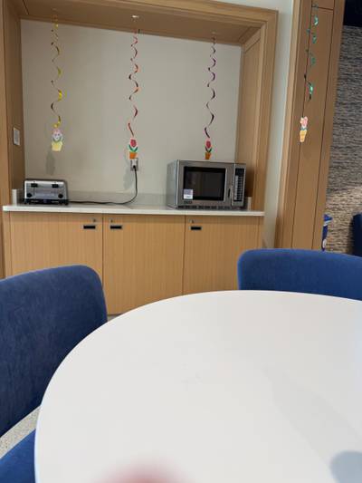 Breakroom counter with toaster microwave appliances