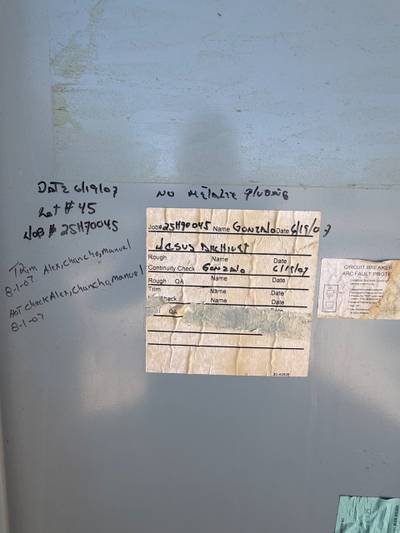 Electrical panel interior with handwritten inspection labels