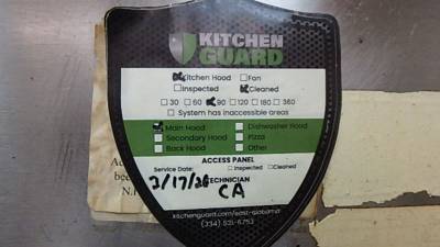 KitchenGuard service label, main hood cleaning, 3/17/26, technician CA